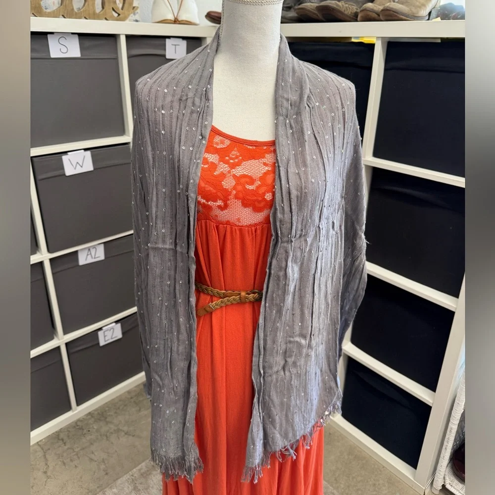 Vivante by VSA Viscose Silver Sparkle Sequin Studded Gray Fringed Scarf Y2K - Picture 5 of 7